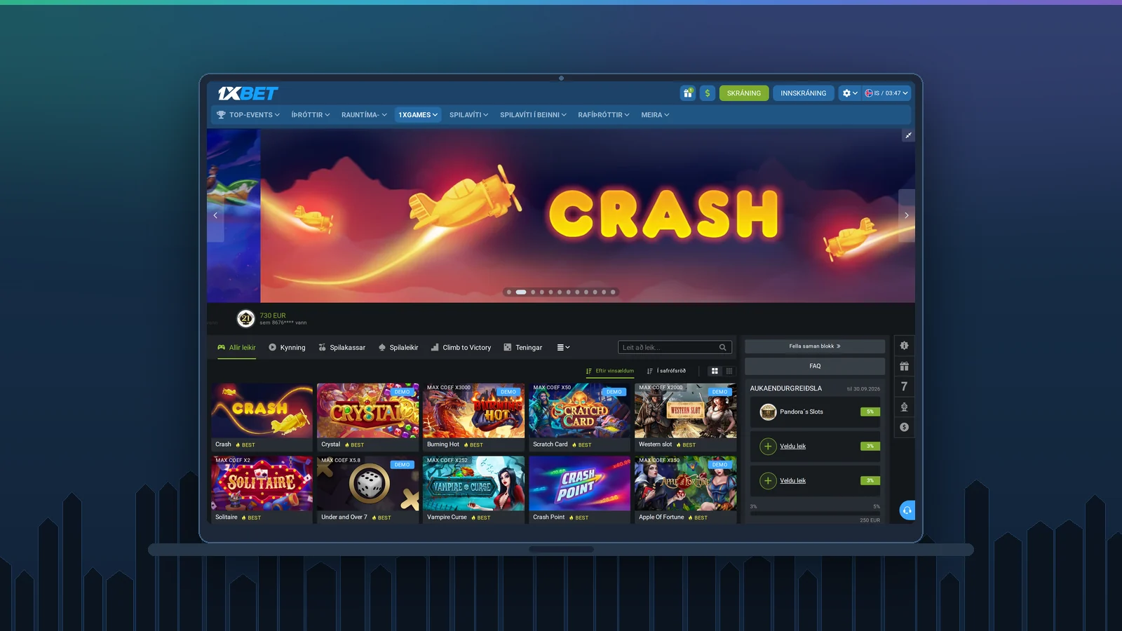 1xBet á íslensku í fartölvu: 1xGames-hlutinn með stórum Crash-borða og leikjum á borð við Crash, Crystal, Crash Point og Western Slot