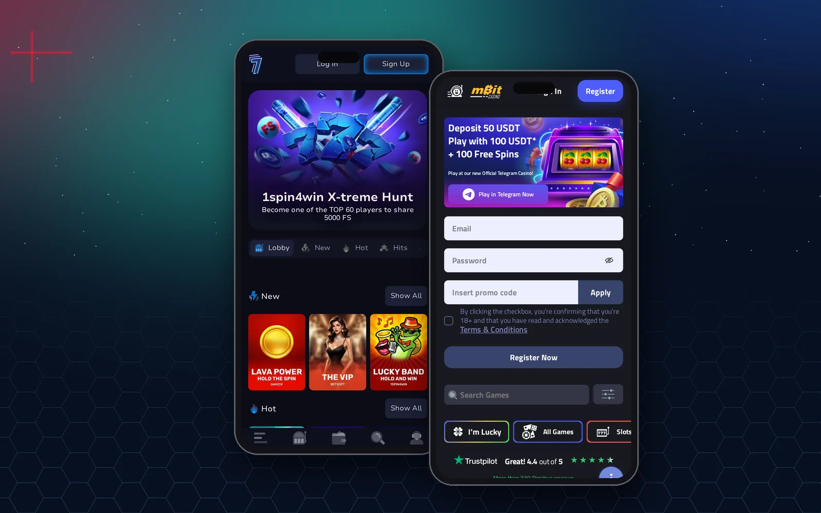 Tveir símar: mótaflipi 7Bit Casino með lista yfir spilakassamót og skráningarsíða mBit með innborgunartilboði