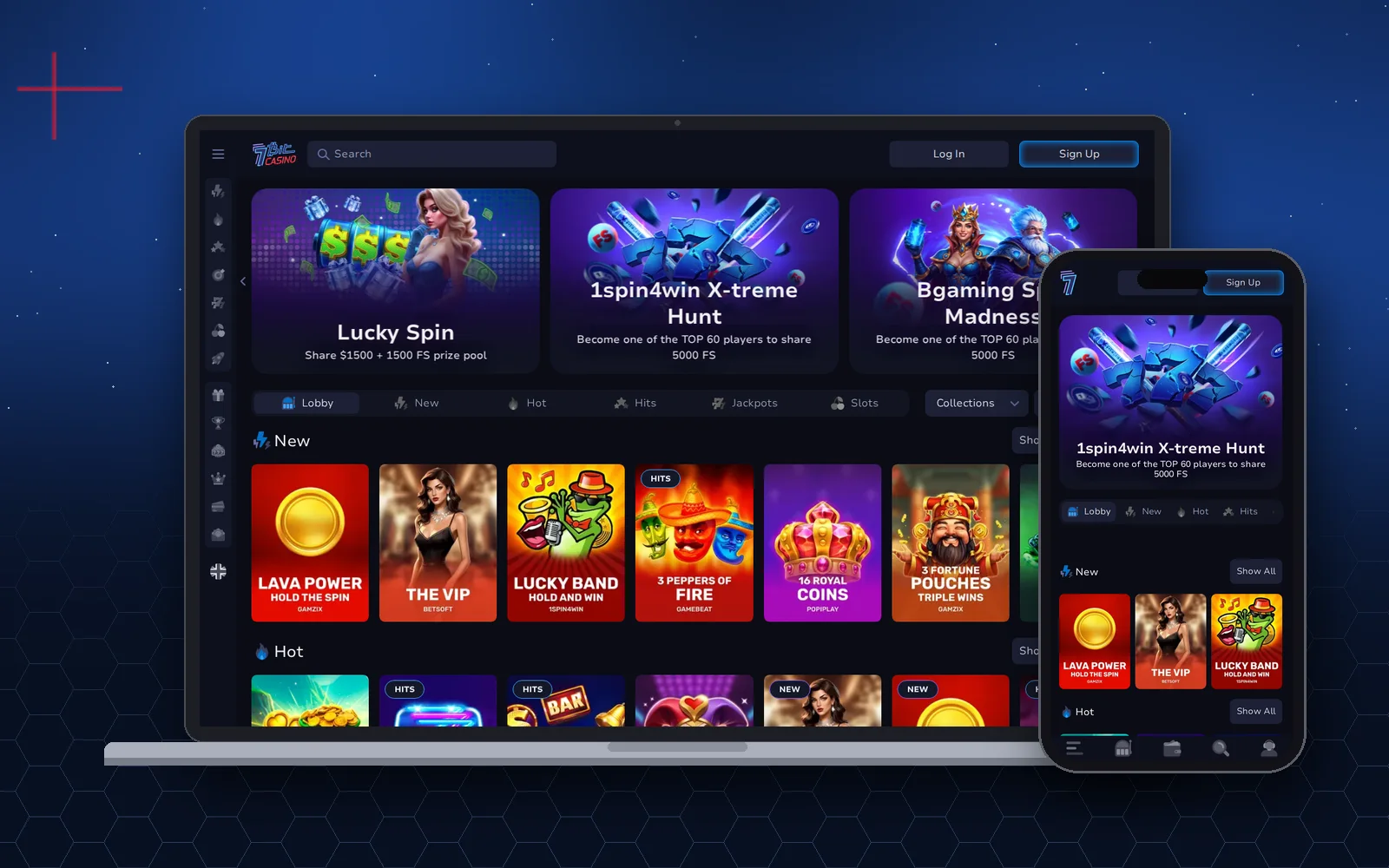7Bit Casino á fartölvu og síma með borðunum Lucky Spin, 1spin4win X-treme Hunt og Bgaming Spin Madness og röð nýrra spilakassa