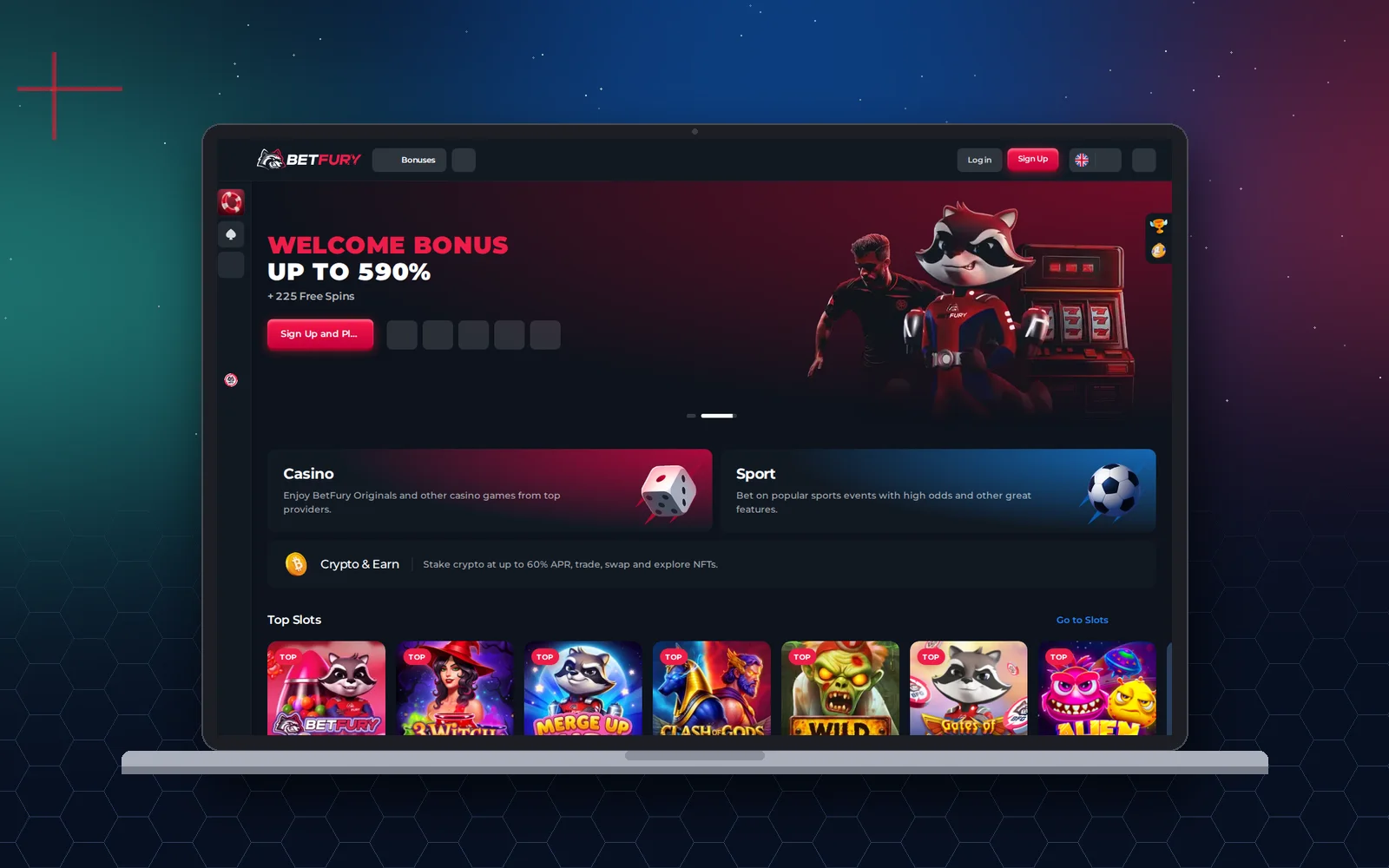 Fartölva með BetFury, velkomstarbónus allt að 590% og 225 ókeypis snúningar, flísar fyrir Casino og Sport, Crypto og Earn og röð vinsælla spilakassa