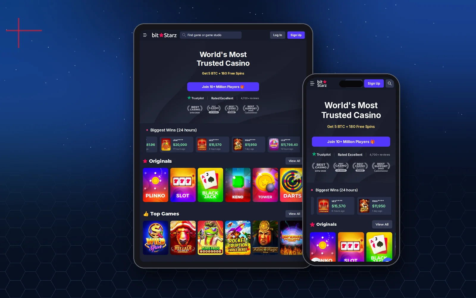 BitStarz á spjaldtölvu og síma með röðunum Originals og Top Games