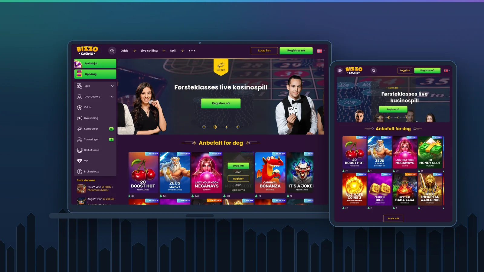 Bizzo Casino í fartölvu og spjaldtölvu með live-borða, gjöfurum í beinni og röð af ráðlögðum spilakössum
