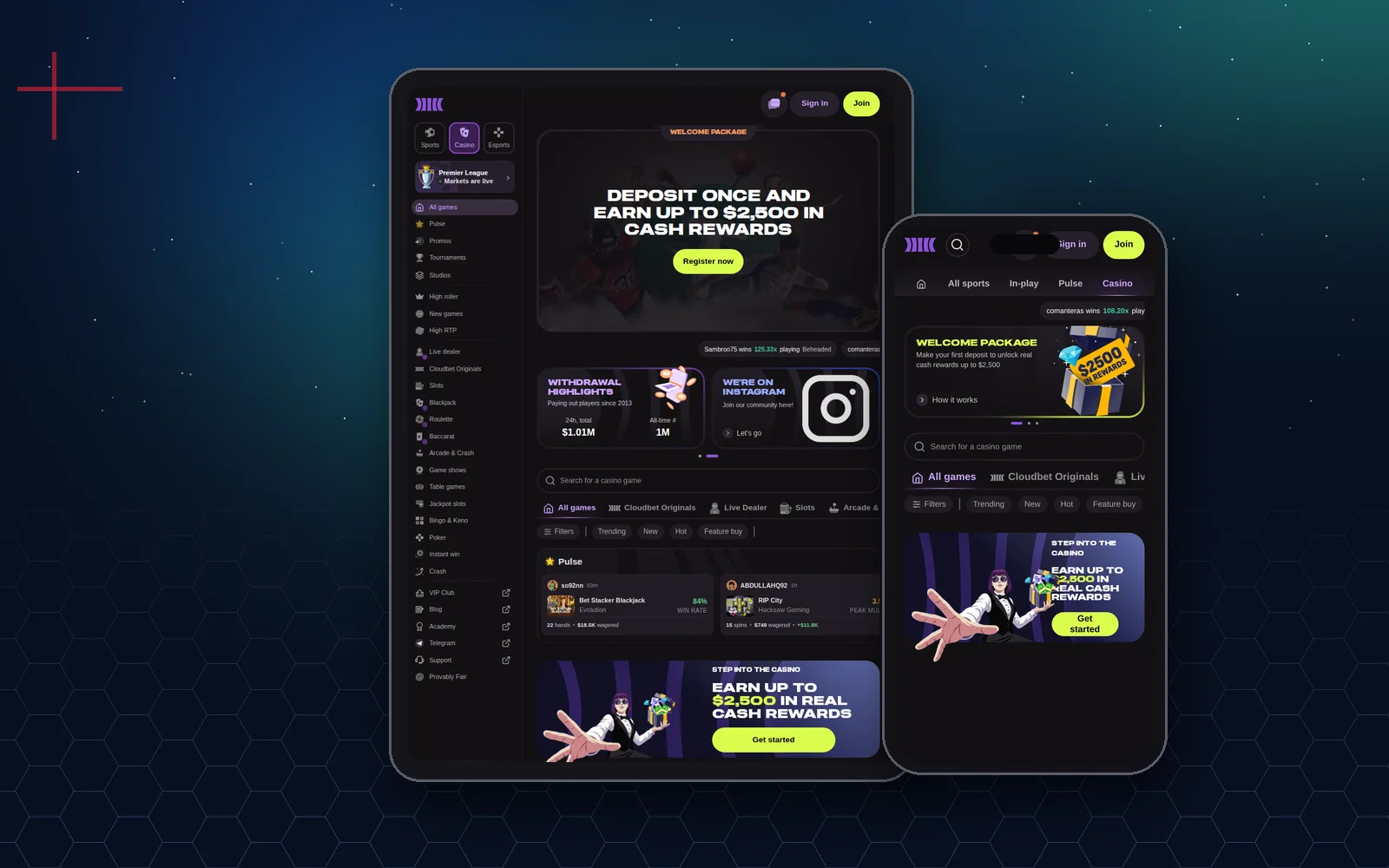 Spjaldtölva og sími sem sýna Cloudbet með borðanum Deposit once and earn up to $2,500 in cash rewards og lista yfir póker- og lifandi borð