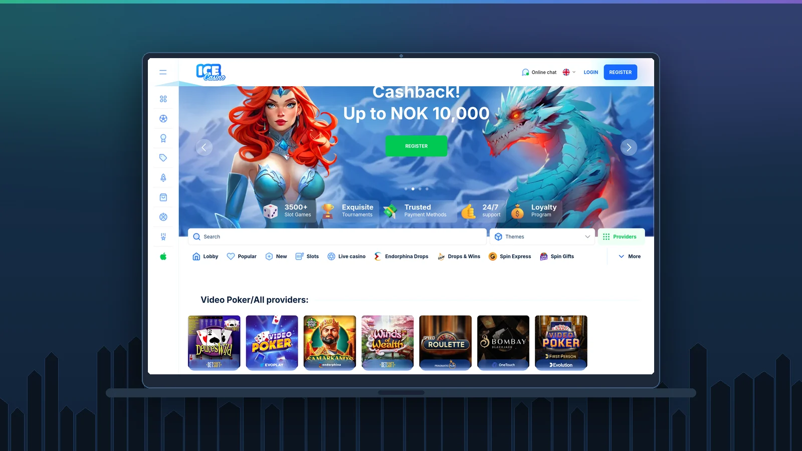 Ice Casino í fartölvu með cashback-borða, leitarreit, síu fyrir framleiðendur og flokkum eins og Endorphina Drops og Drops & Wins