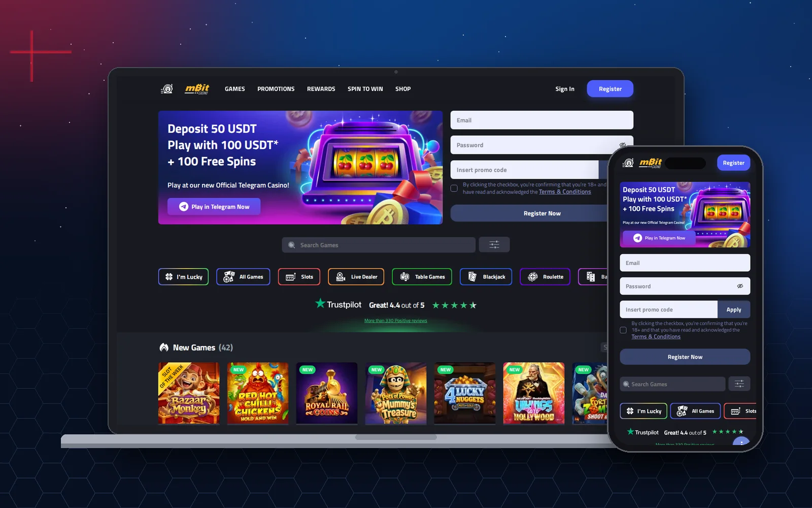 mBit Casino á fartölvu og síma með tilboðinu leggðu inn 50 USDT og spilaðu með 100 USDT og 100 fríspunum, skráningarform með reit fyrir kynningarkóða