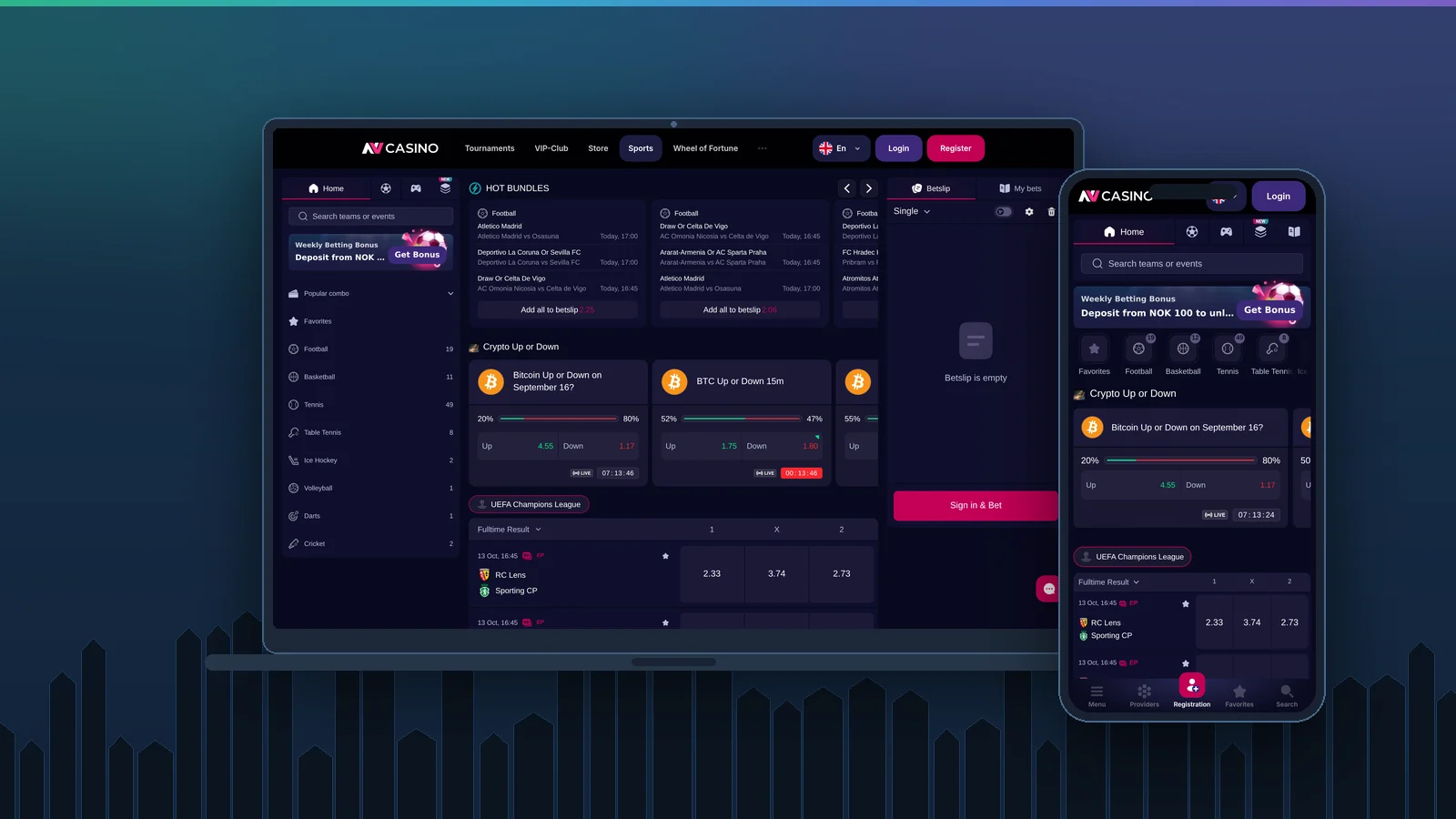 NV Casino í fartölvu og síma með vikulegum veðmálabónus, crypto-veðmálum um Bitcoin og stuðlum í Meistaradeildinni